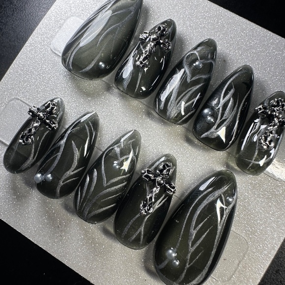Medium almond sheer black and silver handmade press on nails with crosses - Picture 3 of 7